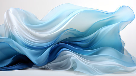 A mesmerizing close-up photo of a blue and white wave fabric with soft folds and flowing curves. The fabric is draped over a white background, and the light catches the folds and curvesの素材