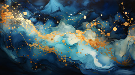 A vibrant and dynamic abstract painting with a blue and gold background and a lot of splashes and bubbles. The splashes and bubbles create a sense of movement and energyの素材