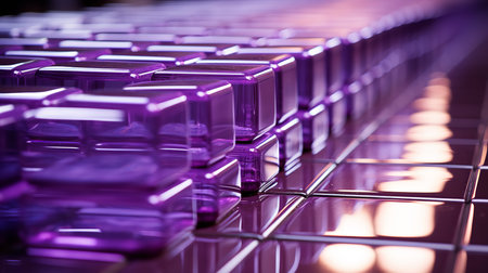 This close-up of a purple glass cube captures its mesmerizing and luxurious beauty. The polished surfaces reflect the light, creating a dazzling display of color and sparkle.の素材