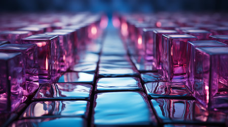 A row of purple glass cubes sits on a blue tiled floor, their reflective surfaces catching the light and creating a dazzling display. The cubes are arranged in a way that creates a sense of depthの素材