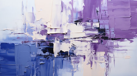 This close-up photograph of a purple and white abstract painting reveals the vibrant colors and expressive brushstrokes of the artist's hand.の素材