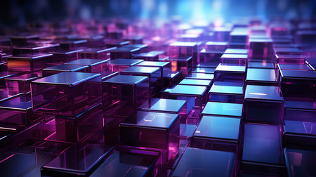 A close-up view of a cluster of purple glass cubes, illuminated by a single ray of light, reveals their intricate patterns and mesmerizing colors. The light refracts through the glassの素材
