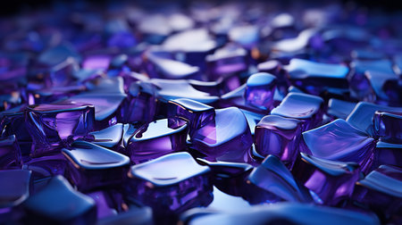 A collection of blue and purple glass pieces, in a variety of shapes and sizes. The smooth, rounded pieces resemble ice cubes, while the jagged, sharp pieces look like shards of broken glassの素材