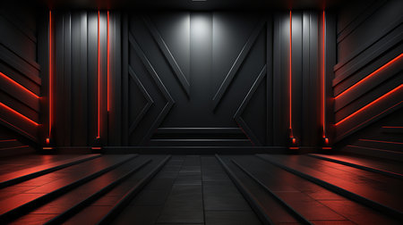 A photorealistic rendering of a dark room with red lights on the walls and floor. The room is completely empty, and the only light comes from the red lights, which cast a long and eerie glow.の素材
