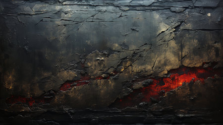 This image shows a realistic painting of a cracked wall with lava coming out of it. The painting is done in shades of red, orange, and black, which gives it a fiery and dynamic look.の素材