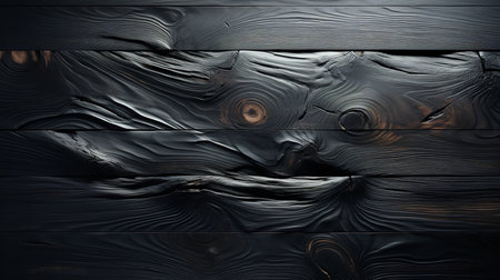A detailed close-up photo of a black wooden surface with knots and cracks. The wood is dark and rich, and the knots and cracks add to its rustic and textured look.の素材