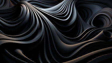 A mesmerizing close-up photo of a realistic 3D rendering of a black and gold swirl on a black background. The swirl is perfectly symmetrical and its edges are sharp and precise.の素材