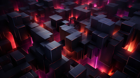This digital art image shows a maze of black cubes with red and purple lights. The cubes are arranged in a complex and mysterious way, creating a sense of depth and intrigue.の素材