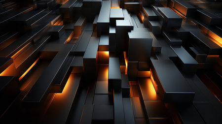 This abstract digital art image shows a maze-like pattern of 3D cubes with neon lights. The cubes are arranged in a complex and intricate way, creating a sense of depth and mystery.の素材