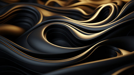 This image shows a close-up of a swirled background in black and gold with a metallic sheen. The swirl is smooth and sleek, with dark and light hues of gold creating a dynamic and eye-catching effect.の素材