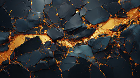 A mesmerizing close-up photo of a cracked surface with a golden streak running through it. The crack is jagged and irregular, but the golden streak is straight and even.の素材