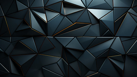 This abstract 3D art image shows a wall made of triangles with golden lines. The triangles are arranged in a complex and intricate way, creating a visually striking and mesmerizing effect.の素材