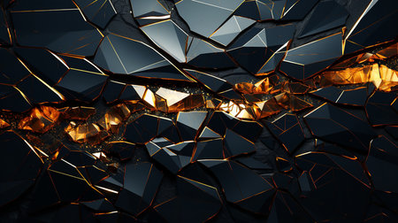 A photorealistic 3D rendering of a shattered glass wall with gold veins running through it. The glass is shattered into thousands of sharp shards, and the gold veins seem to be holding the wall together.の素材