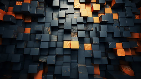 close-up of a black and orange wall of cubes, revealing the intricate geometry and vibrant colors of the abstract pattern. The cubes are arranged in a way that creates a sense of depth and movementの素材