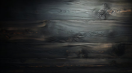 Detailed close-up of a black wooden surface with knots and cracksの素材