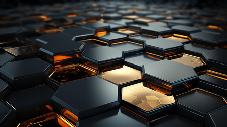 Detailed close-up of a wall covered in black and gold hexagons. The hexagons are arranged in a grid pattern, with each hexagon slightly offset from the one next to it.の素材