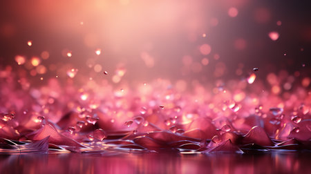 A mesmerizing photo of water droplets glistening on delicate pink rose petals. The droplets are perfectly captured in mid-air, and they appear to be suspended in time.の素材