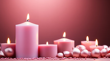 A group of pink candles sitting on a table, lit and casting a warm glow. The candles are arranged in a cluster, creating a romantic and inviting atmosphere.の素材