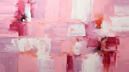 This close-up photo of a pink painting captures the vibrant colors and thick, textured brushstrokes of the artist's hand. The painting is abstract, but it suggests a landscape with a mountain range in the background.の素材