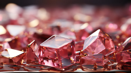 A pile of sparkling pink crystals rests on a table, their facets reflecting the light in a mesmerizing display. This image evokes a sense of luxury and sophistication.の素材