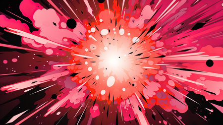 A cartoon illustration of a large red explosion on a black background. The explosion is surrounded by comic book style BOOM text and stars. The explosion is made up of swirling flames and smokeの素材