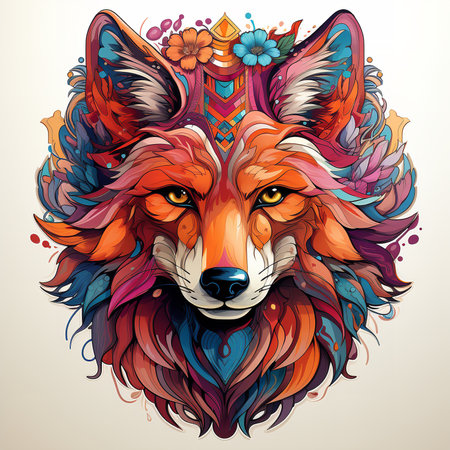 A digital art illustration of a colorful fox head with a crown of flowers on a white background. The fox has bright orange fur and green eyes, and its crown is made of a varietyの素材