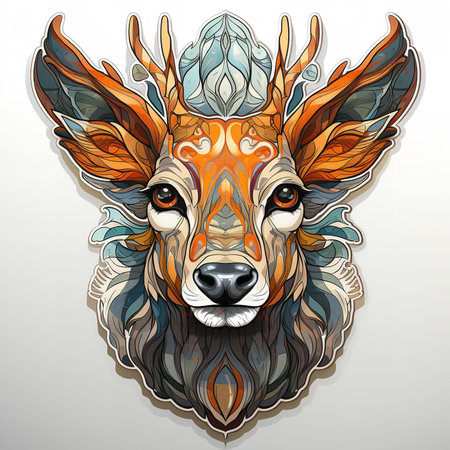 A beautiful digital art illustration of a deer with a crown of flowers on its head. The deer has bright orange fur and green eyes, and its crown is made of a variety of flowers in different colorsの素材