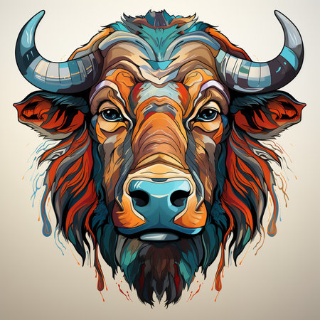 Vibrant digital painting of a buffalo head, its horns sharp and pointed, its eyes watchful and intelligent. The buffalo face is painted in a variety of colors, including red, yellow, blue, and greenの素材