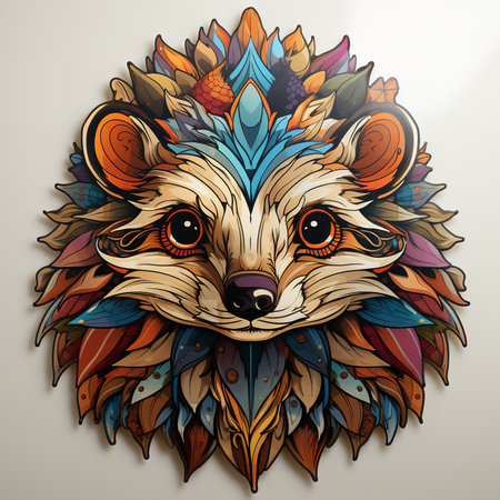 Vivid digital close-up painting of a hedgehog head, with its quills arranged in a colorful and intricate crown-like shape. The hedgehog eyes are large and brightの素材