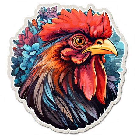 The hen eyes are large and intelligent, and its feathers are a variety of bright colors. The painting is highly detailed, and the hen feathers and skin have a realistic texture.の素材