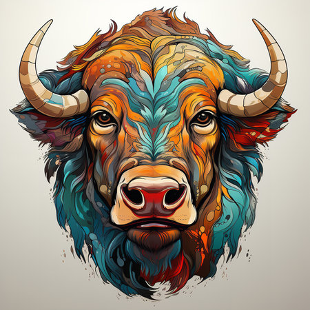 This vibrant and whimsical digital art depicts a colorful buffalo head with leaves and feathers, isolated on a white background. The buffalo head is adorned with a variety of bright colorsの素材