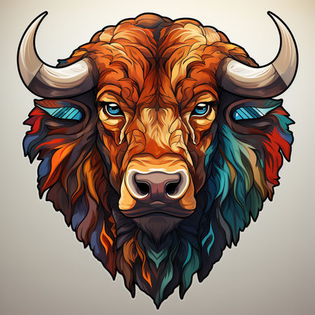 This striking digital art depicts a colorful bison head with blue eyes and horns, looking directly at the viewer with a determined expression. The bison head is adorned with a variety of vibrant colors,の素材