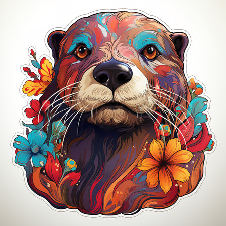 A whimsical digital painting of a colorful otter holding a bouquet of flowers on a white background. The otter has bright eyes and a mischievous expressionの素材