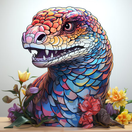 Digital artwork of a rattlesnake with colorful flowers in its fur, looking directly at the viewer. The rattlesnake fur is white and fluffy, and the flowers are arranged in a variety of shapes and patterns.の素材