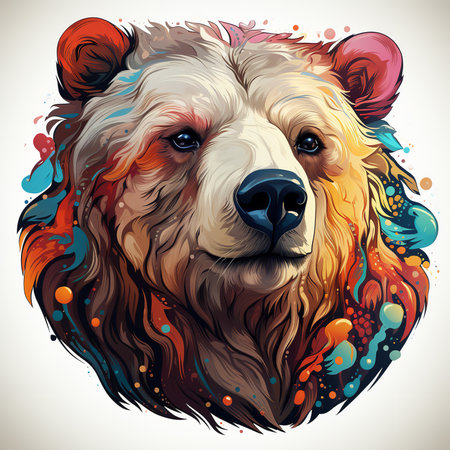 A whimsical and heartwarming digital painting of a colorful polar bear head with a flower crown on a white background. The bear has a peaceful expression on its face and its eyes are closedの素材