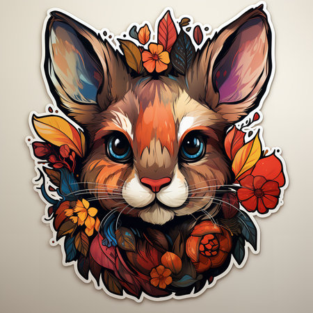 Digital artwork of a rabbit with a crown of flowers and leaves on its head. The rabbit is sitting upright, facing the viewer, with its ears perked up and its tail curled around its paws.の素材