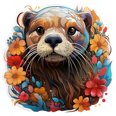 Digital painting of a sea beaver floating on back in water surrounded by flowers. beaver has serene expression and eyes closed, flowers vibrant and colorful. Peaceful and calming image.の素材