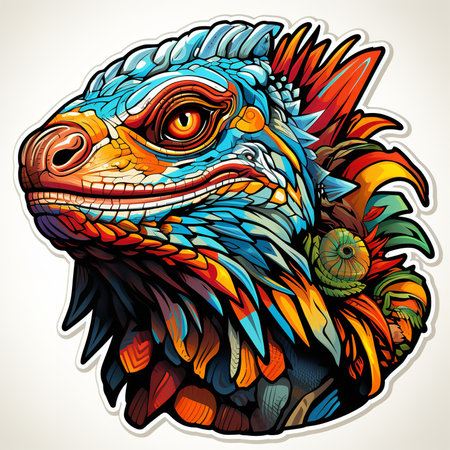 A whimsical and colorful digital art illustration of a colorful iguana head with a frog on its back. The iguana is depicted in a realistic style, but its scales are exaggeratedの素材