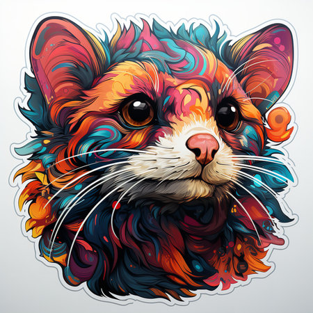 Digital artwork of a rat head with colorful and intricate patterns. The rat is looking directly at the viewer with its big, expressive eyes.の素材