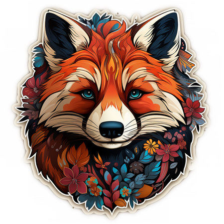 Whimsical digital artwork of a red panda with flowers in its fur, floating in mid-air on a white background. The red panda is surrounded by a variety of colorful flowersの素材