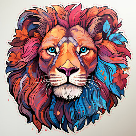 Digitally painted portrait of a lion head with a rainbow mane on a white background. The lion mane is a mix of red, orange, yellow, green, blue, and indigo.の素材