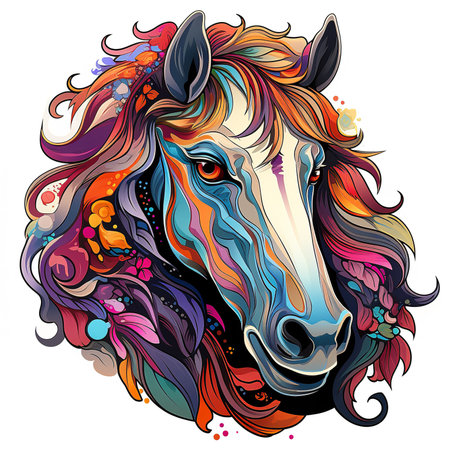 A mesmerizing and ethereal illustration of a horse's head with a flowing mane and feathers in vibrant shades of purple, blue, and green. The horse's eyes are bright and intelligentの素材