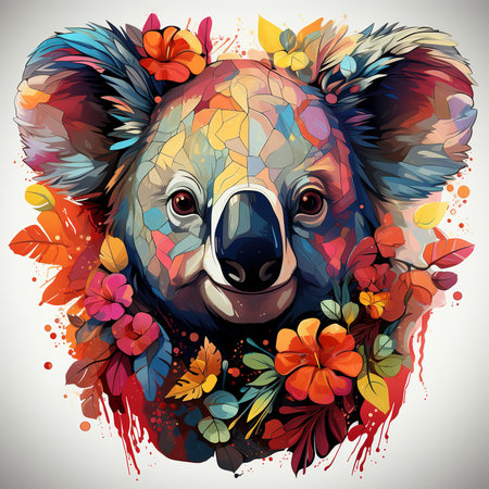 Digitally painted watercolor portrait of a koala with blue hair and flowers in her hair. koala face is turned to the side and she is looking at the viewer.の素材