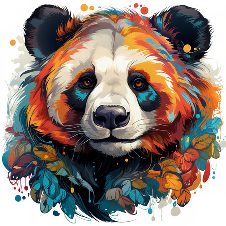 A whimsical and heartwarming digital painting of a panda bear's head wearing a crown of colorful flowers. The panda has a peaceful expression on its face and its eyes are closedの素材