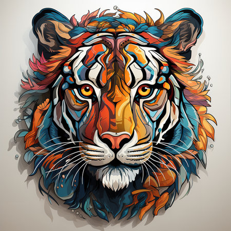 This captivating digital artwork depicts a majestic tiger with vibrant colors and intricate details. The tiger skin is a symphony of hues, from deep blues to vibrant greensの素材