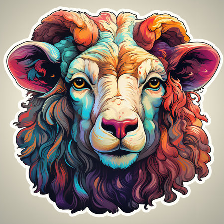 This enchanting digital artwork depicts a majestic sheep with a crown of flowers on its head, against a starry background. The sheep fur is a deep blackの素材