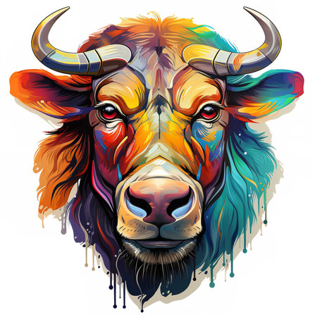 This vibrant and eye-catching image depicts a colorful wildebeest head with intricate patterns and bold colors. The wildebeest horns are curved and powerfulの素材