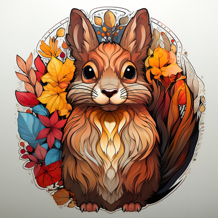 This enchanting digital artwork depicts a glowing squirrel surrounded by flowers and leaves. The squirrel's fur is a vibrant shade of green, and its body is surrounded by a soft, ethereal glow.の素材