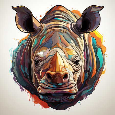 This stunning digital artwork depicts a colorful rhino head on a white background. The rhino's horn is twisted and spiraled, and its eyes are bright and expressive.の素材