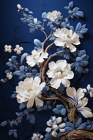 Stunning artistic photograph of a white flower with delicate petals, captured against a vibrant blue backdrop. The flower's intricate details and soft colorsの素材